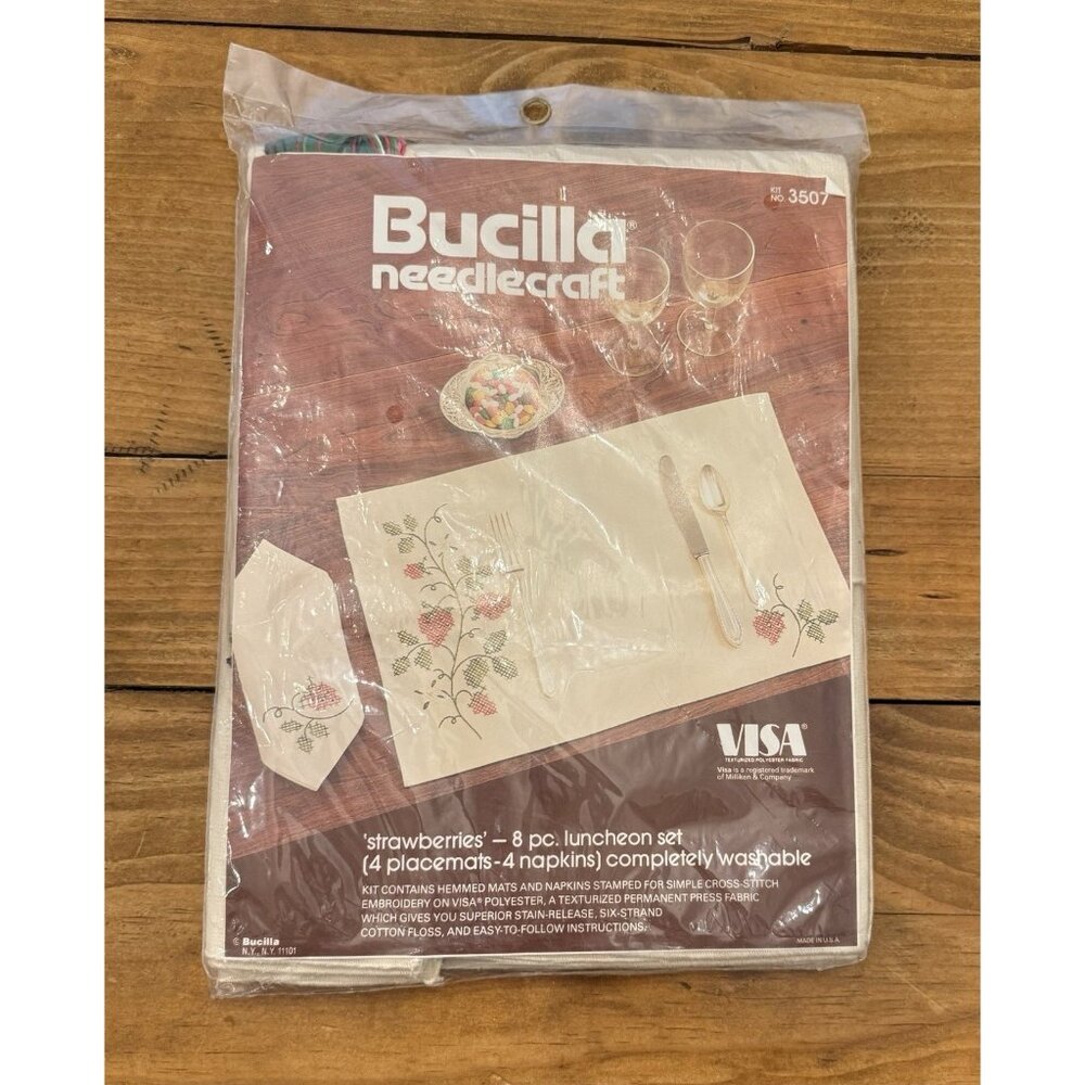 Bucilla Needlecraft 8pc Placemat Napkin Embroidery Kit Strawberries Cottagecore